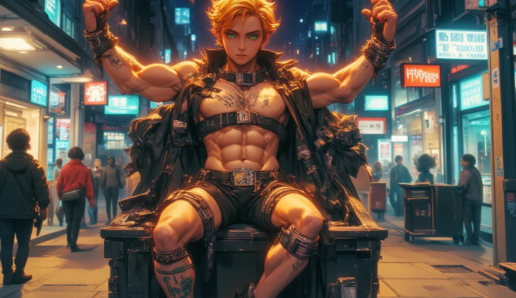 1boy, male, a little pectoral muscles, shine skin, leather body harness, shackle, sitting in the trash box near train station, city street, open legs, arms behind head, body writing, chastity belt, tally, cum in ass, midnight, embarrassed, glare, short hair, orange hair, green eyes, cinematic lighting, street lamp