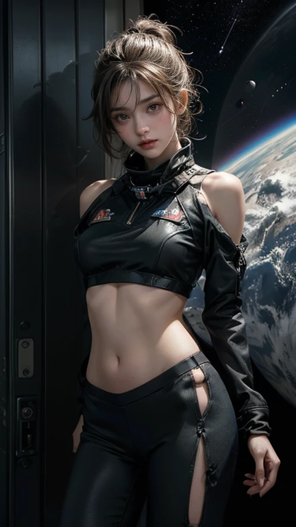 Close-up of a woman in a white suit with red gloves, Portrait Astronaut Girl, Armored astronaut girl portrait, Sleek digital concept art, Kschaert Krentz Key Art Feminine, SF Women, girl in space, Smooth Art, Wearing a space suit, Vojtek Fuss, Lostrun 8k, Inspired by Krenz Kuszat,((White bikini shorts))、