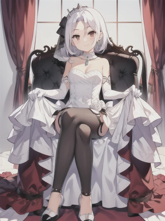 Vittorio_Veneto \(warship girls r\),(((Best quality))),((Ultra-detailed)),((illustration)),((frilld)),(1 girl),(Solo),
1girl,sitting on a throne,crossed legs,evil smile,evil grin,frilled dress,bow,white pantyhose,toes,indoors,looking at viewer,view from below,feet focus,[refraction|caustics|rim lights|backlighting|bloom],full shot,rating:safe,long hair,wedding,bare_shoulders,breasts,bridal_gauntlets,bridal_veil,cleavage,clothing,crown,dress,drop_earrings,earrings,elbow_gloves,female,female_only,gloves,headdress,headwear,jewelry,layered_dress,looking_at_viewer,necklace,skirt_hold,smile,sitting,strapless,strapless_dress,tiara,veil,white_dress,white_footwear,white_gloves,wedding_dress,long_dress,clapping,short_hair,