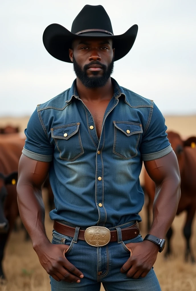 Young black man goatee with farmer hat on farm shirtless
