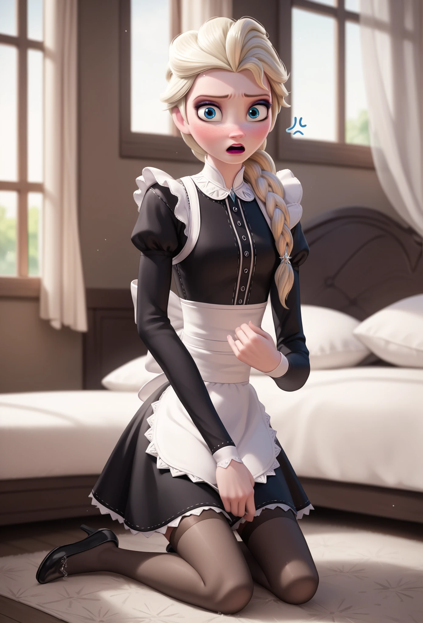 score_9, score_8_up, score_7_up, score_6_up, score_5_up, score_4_up, BREAK, source_anime,
1girl, elsa \(frozen\), blonde hair, long hair, blue eyes, single braid,
black dress, stockings, maid uniform,
embarassed, blush, solo, looking at viewer, indoors, bedroom background 