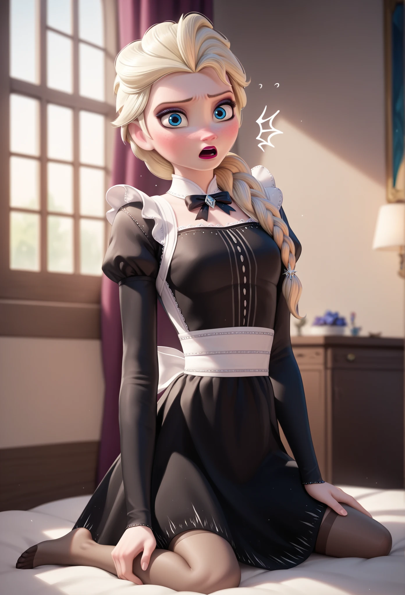 score_9, score_8_up, score_7_up, score_6_up, score_5_up, score_4_up, BREAK, source_anime,
1girl, elsa \(frozen\), blonde hair, long hair, blue eyes, single braid,
black dress, stockings, maid uniform,
embarassed, blush, solo, looking at viewer, indoors, bedroom background 