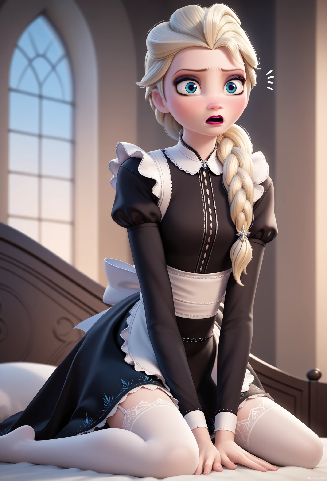 score_9, score_8_up, score_7_up, score_6_up, score_5_up, score_4_up, BREAK, source_anime,
1girl, elsa \(frozen\), blonde hair, long hair, blue eyes, single braid,
black dress, stockings, maid uniform,
embarassed, blush, solo, looking at viewer, indoors, bedroom background 