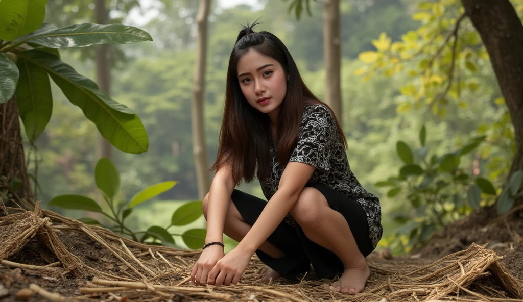 ((ultra-realistic photo)) [A beautiful 19-year-old Indonesian girl is crouched in the dense jungle during daylight, intensely focused on building a small hut out of branches and leaves. She wears a long, black batik blouse and a worn, black skirt, both dirt-stained from her efforts. Her hands are busy arranging sticks with precision, and her determined expression reflects her focus. Beside her stands a partially completed small hut made from natural materials. The lush tropical forest around her is thick with towering trees, tangled vines, and sunlight filtering through the dense canopy, casting intricate patterns on the ground. The camera captures her from a close angle, emphasizing the textures of her outfit, her facial expression, and the detailed surroundings of the jungle in ultra-realistic 8K resolution.]