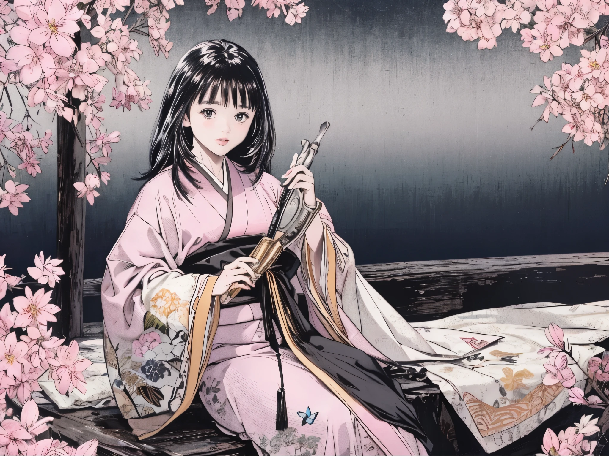  12 single，(  Masterpiece ,  top quality,  top quality，aesthetics:1.2)， from the side， full of lesbians，1300 years ago，Japan_ Peace Era，Noble，１ beautiful princess ， Beautiful skin，(  straight hair　Long and beautiful black hair　Wealthy)，Beautiful round eyes，(kimono　Gentle pink color　 the beauty of superimposed colors)，Silk luster， layered color ， WIDE SLEEVE ， on a hammer he，Dreamy， elegant ， top quality， beautiful graphics,  super detailed， butterfly ，Fresh，close，Pure white background，Transparent robe images，Beyond Eternity，warm