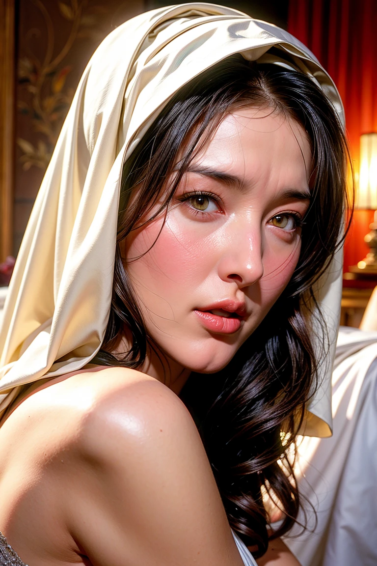 nsfw, (((topless))),,Dilraba Dilmurat, hijab, jilbab, muslim face mask, mouth veil, freckles, eyes mascara, masterpiece, best quality, photorealistic, glowing sparkly skin, soft lighting, voluptuous, lying in bed, sharp focus, colorful liquid gel rain, close up, fashion designer, resplendent tiny pearls necklace, baroque