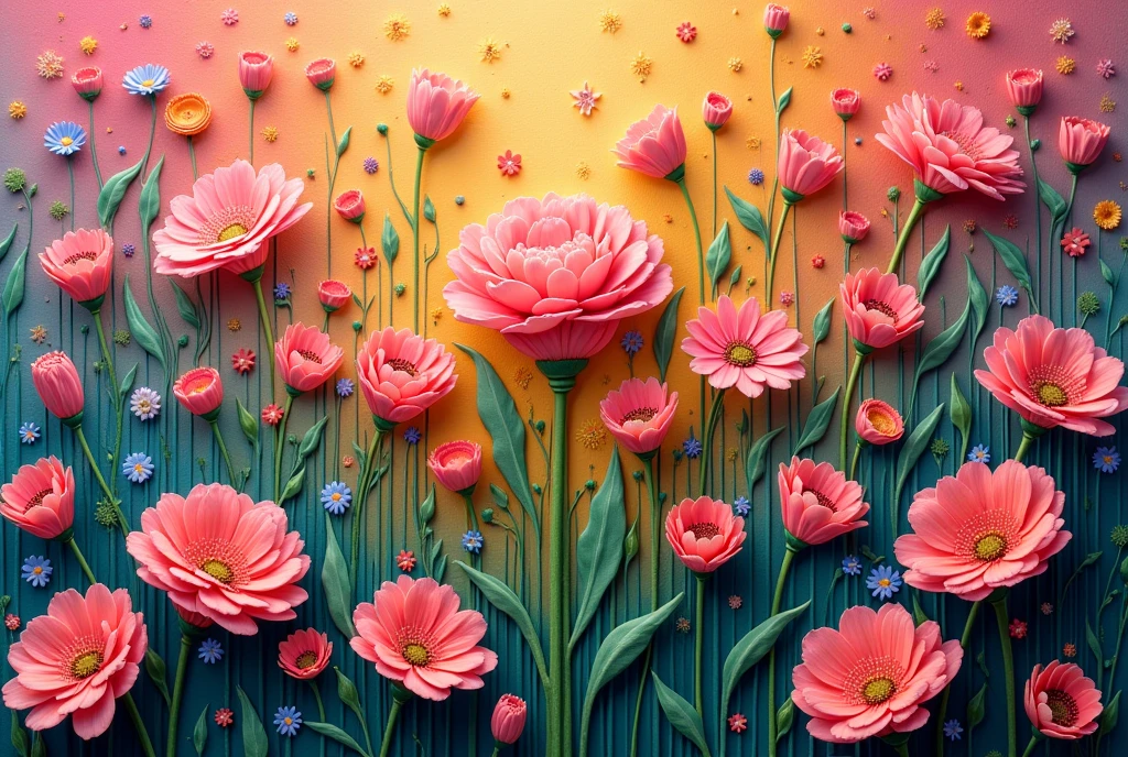 There are many beautiful flowers 。 use impasto techniques to add texture to images surrounding 、 and create a vision board with relief elements representing realistic financial goals。 goals 、 haptically express the abundance achieved through disciplined decisions 。Disciplined financial goals 