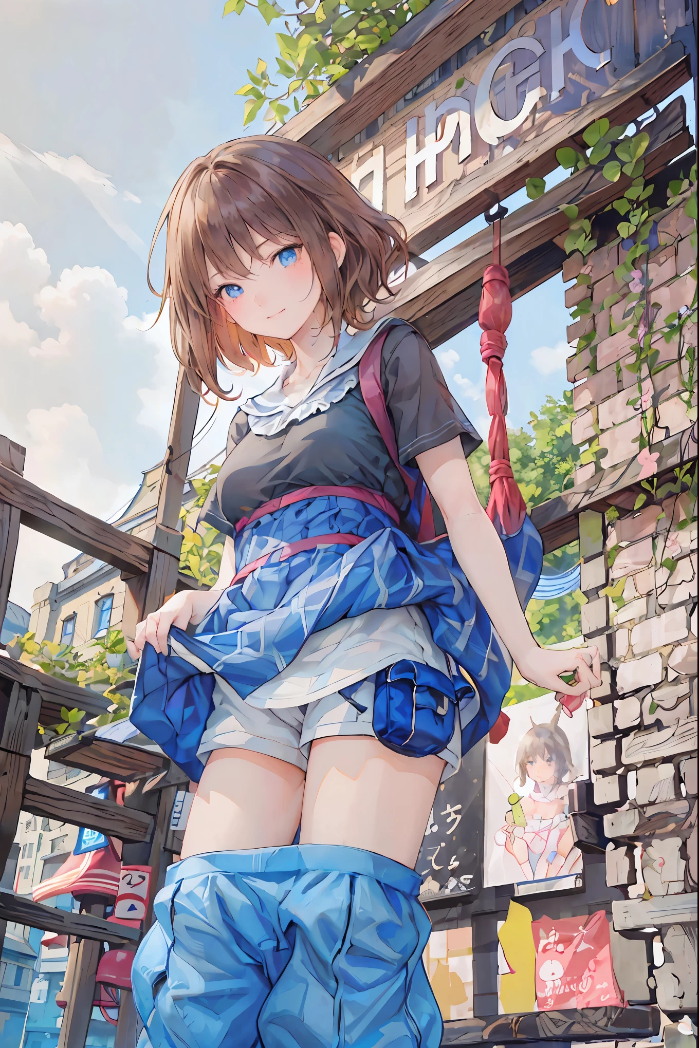 (( Masterpiece )), (black clothes), (( top quality)), ( RAW Photos from the Last Century :1.2), ( high definition :1.3), ( Capture each blooming location with professional photos :1.2), ( Color Difference), mischievous girl , (()), (Serious), audience , Plain Shirt, Bedhead, Curly hair, ( SMALL WAIST PANTS ), ((Take off your work pants)), , ( small breasts), Cute waist, outdoors , ((Top of the big bell tower)),International Travel,Brown suitcase, Girl looking down from the top of a hill , the wind is blowing ,Tower of Pisa,tourist spot, ANCIENT CITY ,Highlands,holy place,Multiple Churches, brown hair , shortcut , hair is unkempt , Short Braided Hair ,Neat, slender beauty、Positive Attitude, small breasts, Beautiful Legs with Tails , Her charming gray-blue eyes shine like stars , bright color, beautiful eyes ,A delicate smile, the seductive grey-blue eyes are shining like stars , top quality, Gentle beautiful woman , anime style、(( from below:1.2)),