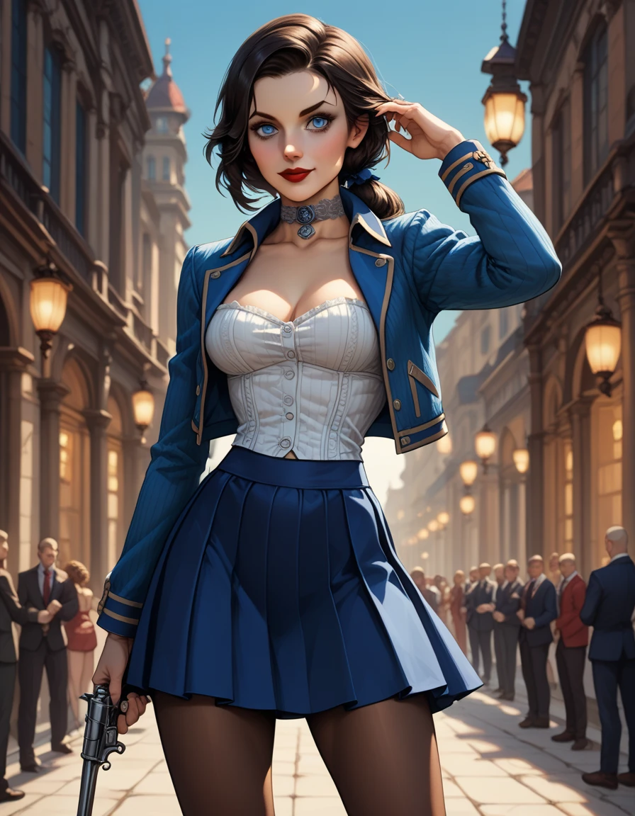 1woman, solo; Elizabeth Comstock from "Bioshock Infinite"; long loose hair gathered in a low ponytail, dark hair, pale skin, blue eyes, red lips, light smile, ultra-detailed face, detailed eyes; ribbed white corset with open top, (tight blue bolero jacket:1.27), silver detailing on jacket, (cameo choker necklace), (long, blue a-line skirt with high slits:1.37), black detailing on skirt, (opaque pantyhose), {{calf-high black boots with low heels}}; wielding powerful revolver, contrapposto stance, ((modeling poses)), (cowboy shot:1.37); 8k, 16k, high resolution, highres