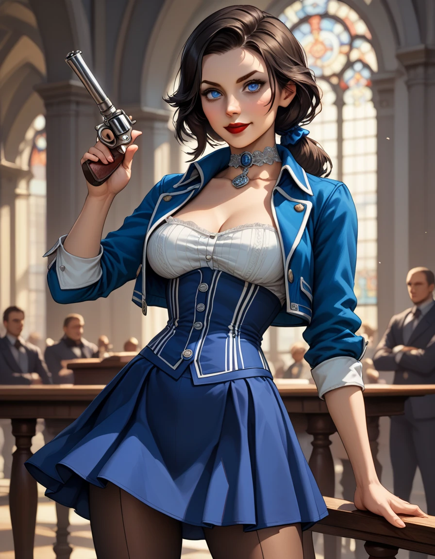 1woman, solo; Elizabeth Comstock from "Bioshock Infinite"; long loose hair gathered in a low ponytail, dark hair, pale skin, blue eyes, red lips, light smile, ultra-detailed face, detailed eyes; ribbed white corset with open top, (tight blue bolero jacket:1.27), silver detailing on jacket, (cameo choker necklace), (long, blue a-line skirt with high slits:1.37), black detailing on skirt, (opaque pantyhose), {{calf-high black boots with low heels}}; wielding powerful revolver, contrapposto stance, ((modeling poses)), (cowboy shot:1.37); 8k, 16k, high resolution, highres