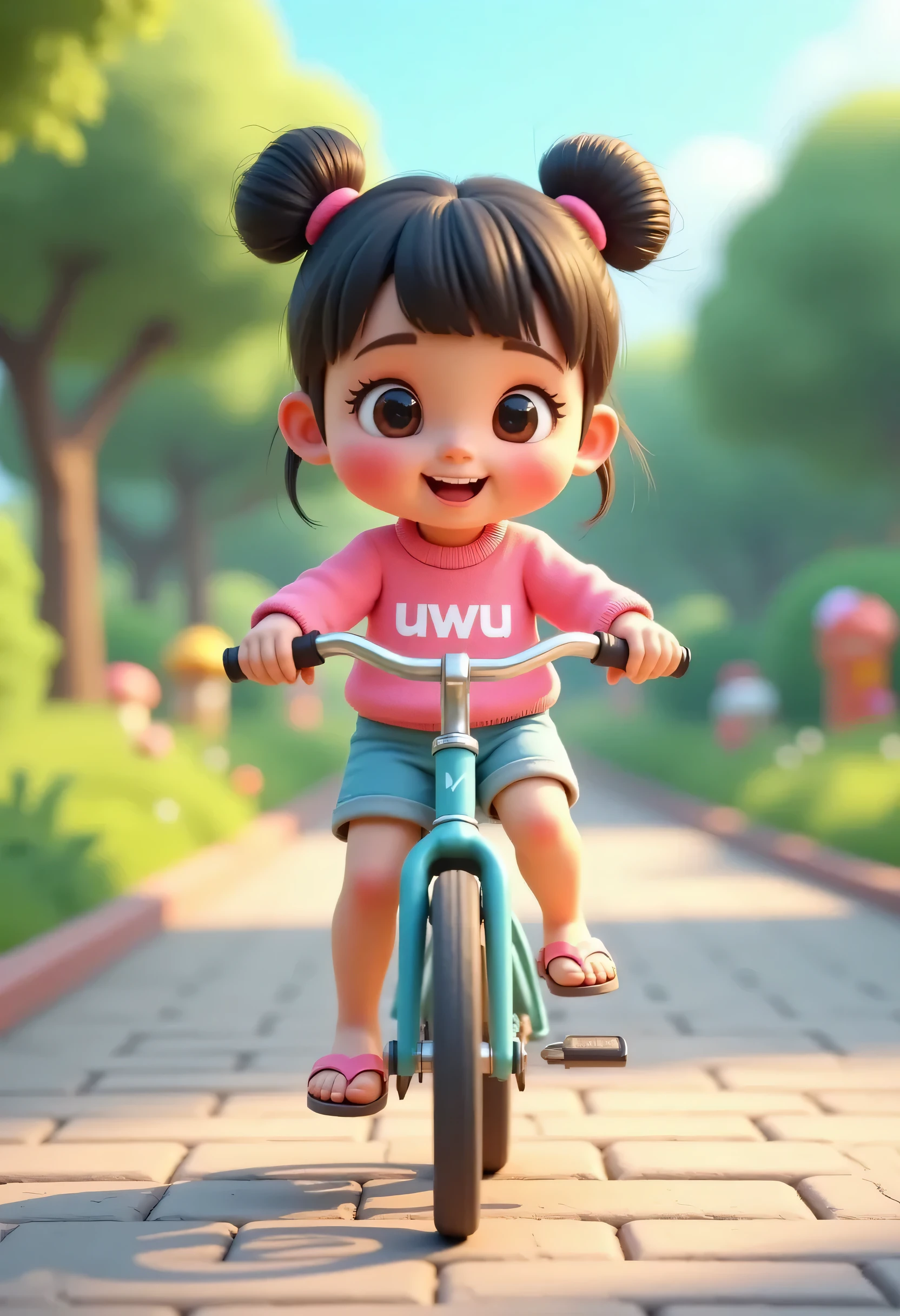 wearing a pink sweater with "uwu" printed on the front with white color, blue shorts, pink flip flops, riding a bike, blue bike. paving block road, downhill road