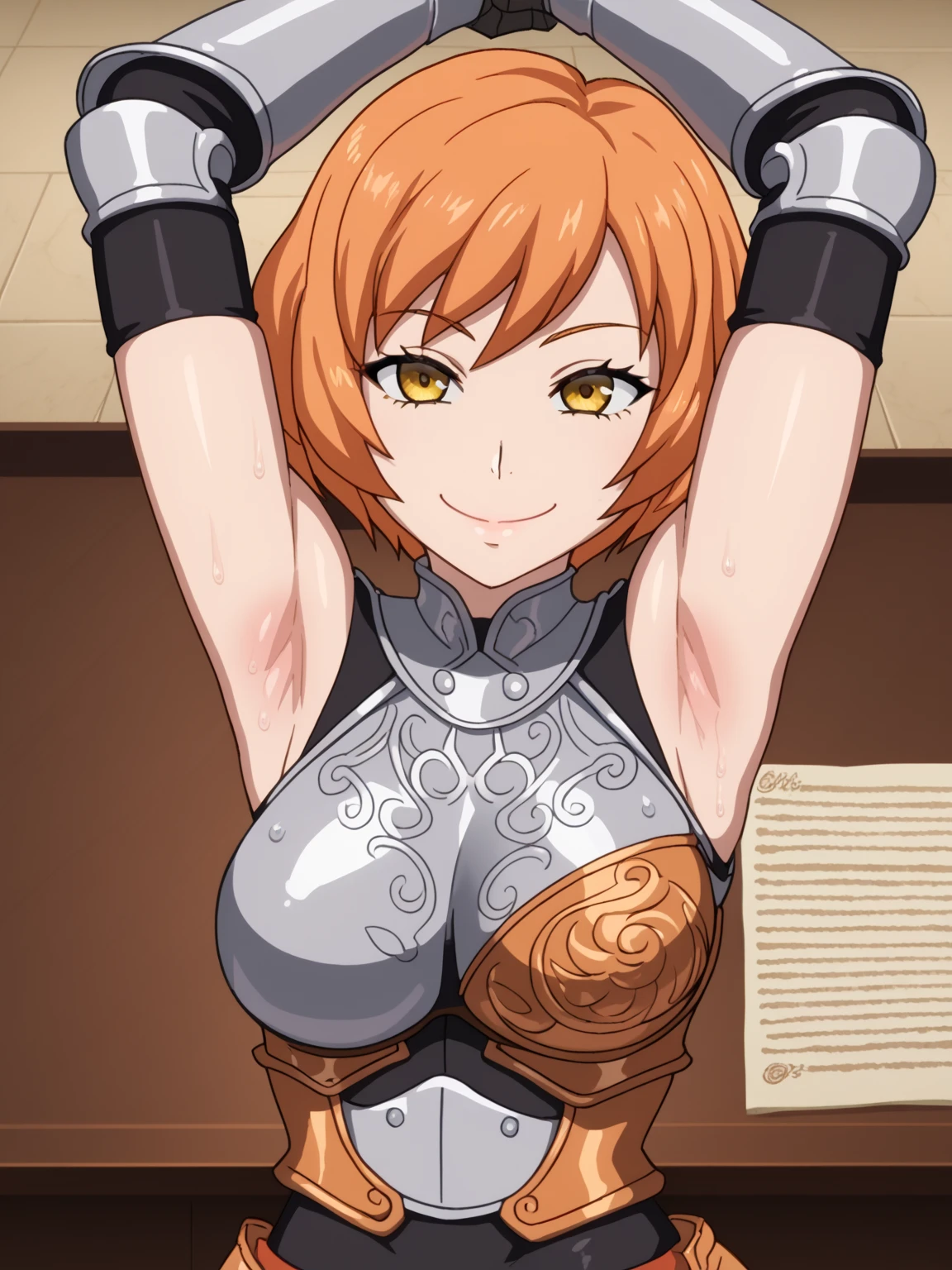 score_9, score_8_up, score_7_up, source_anime, anime screencap, 1girl, solo, clementinr, yellow_eyes, orange_hair, short_hair, large_breasts, armor, breastplate, gauntlets, armored_dress, sleeveless, arms up, raised arms, armpits, looking at viewer, smile, closed mouth, indoors, from above, badhandv4, sweaty armpits