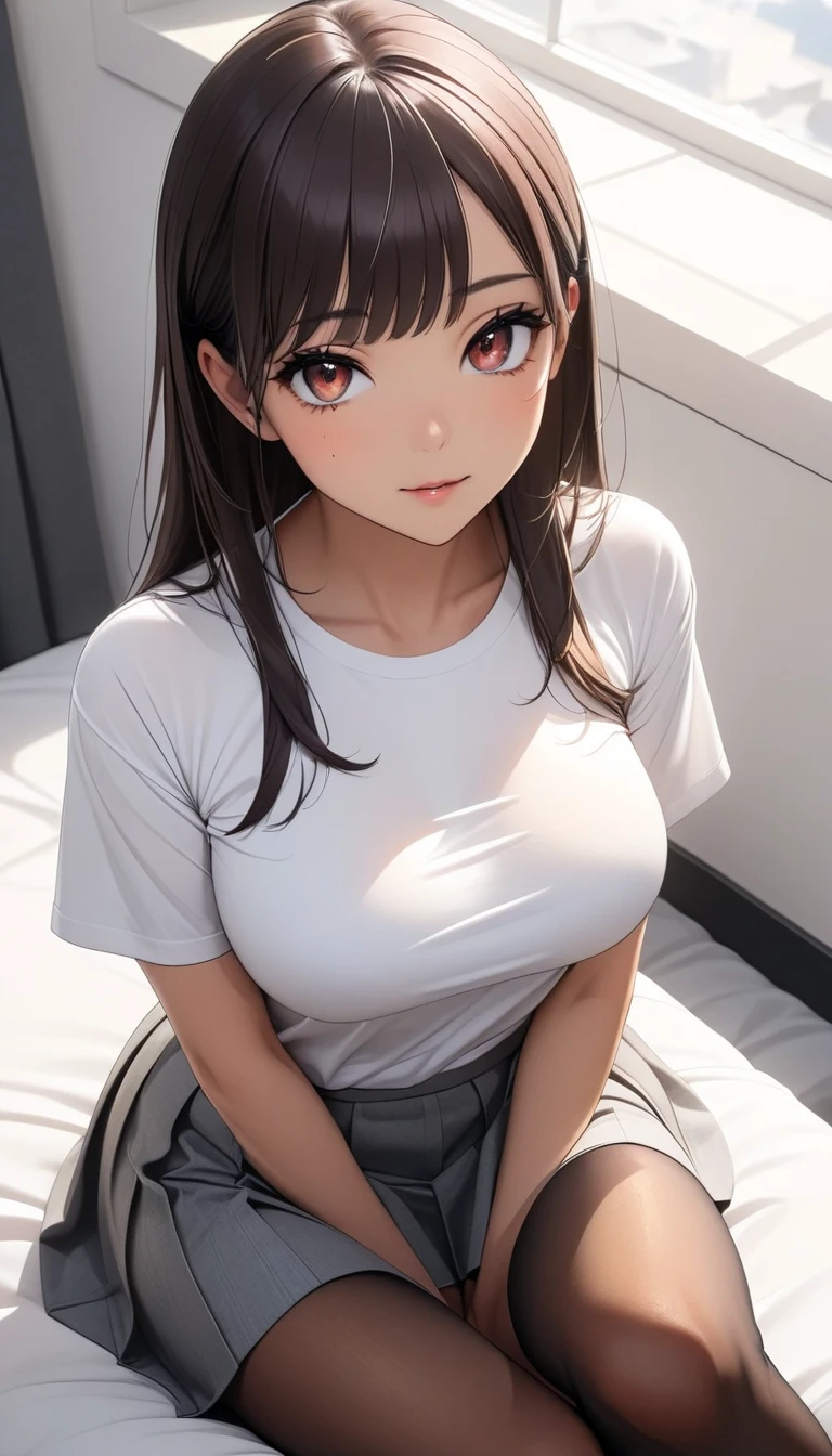  1 Woman ,  beautiful skin ,  fine skin,  glowing eyes, JK, 30 years old, beautiful woman, bangs, dark hair, long hair, brown eyes, cute eyes, medium breast, tight white tee shirt, black pantyhose, pantyhose, grey skirt, bedroom, sitting, legs crossed, sit legs crossed, view from above, high angle view,  High Quality ,  high definition , masterpiece:1.2