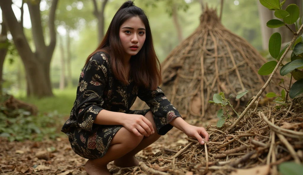 ((ultra-realistic photo)) [A beautiful 19-year-old Indonesian girl is crouched on the forest floor in the middle of a dense Indonesian jungle during the day. She wears a long, black batik shirt with intricate patterns and a black, tattered skirt, both dirt-streaked from her work. Her focused eyes and determined expression reveal her concentration as she carefully assembles branches to build a small hut beside her. The hut is a simple structure made of sticks and large leaves, blending naturally into the lush green surroundings. The forest is dense with towering trees, thick underbrush, and patches of sunlight filtering through the canopy. The camera captures her close up, highlighting her effort, the textures of her clothing, and the natural materials of the hut in ultra-realistic 8K resolution.]