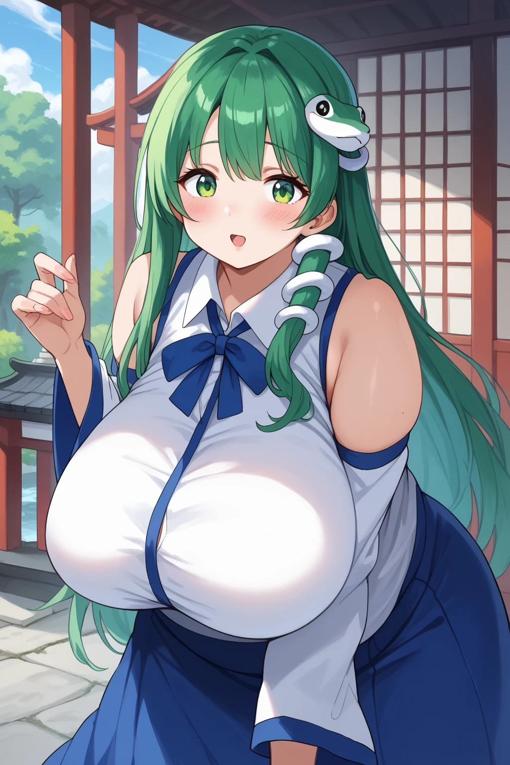 ((A Pretty nude girl wearing the random colored China dress)), short sleeves, ((top-quality, master piece, ultra-definition, high resolution)), anime girl, ((ultra-detailed illust:1.2)), only one person, bangs, hair between eye, green colored hair, beautiful hair, random colored eyes, Shiny eyes, highlight in the eyes, ((detailed eyes:1.2)), ((super gigantic breasts:1.3)), huge breasts, Soft breasts, cleavage of the breast, show breasts, ((erected nipples)), shiny thighs, big smile, blushing, opened mouth, in the Chinese restaurant, cowboy shot