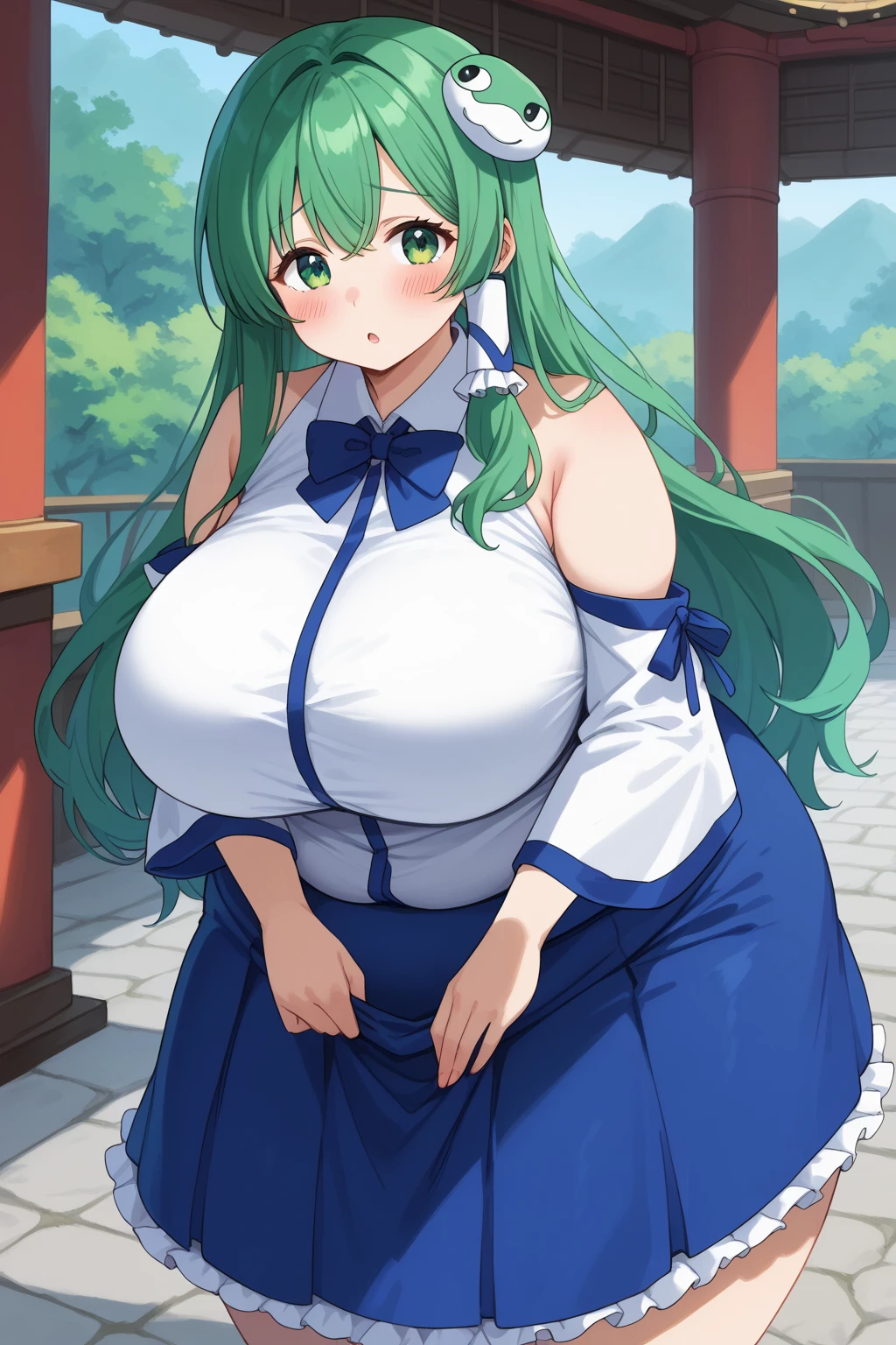 ((A Pretty high school girl with super colossal breasts sitting on the table)), ((lifting up the white sailor suit)), ((wearing the navy skirt)), Baby face, ((top-quality, master piece, ultra-definition, high resolution)), anime girl, ((ultra-detailed illust:1.2)), 1 girl, bangs, hair between eye, green colored hair, beautiful hair, blue colored eyes, Shiny eyes, ((detailed eyes:1.2)), ((super gigantic breasts:1.3)), huge tits, Soft breasts, cleavage of the breast, show breasts, emphasize the breasts, focused on breasts, belly button, Big smile, enjoyed, laughing, opened mouth, take off clothes, in the classroom, at dusk, sunset, ((bust shot)), ((Covering breasts with hands:1.2)), covering breasts, hand on own breasts, breast press, crossed arms