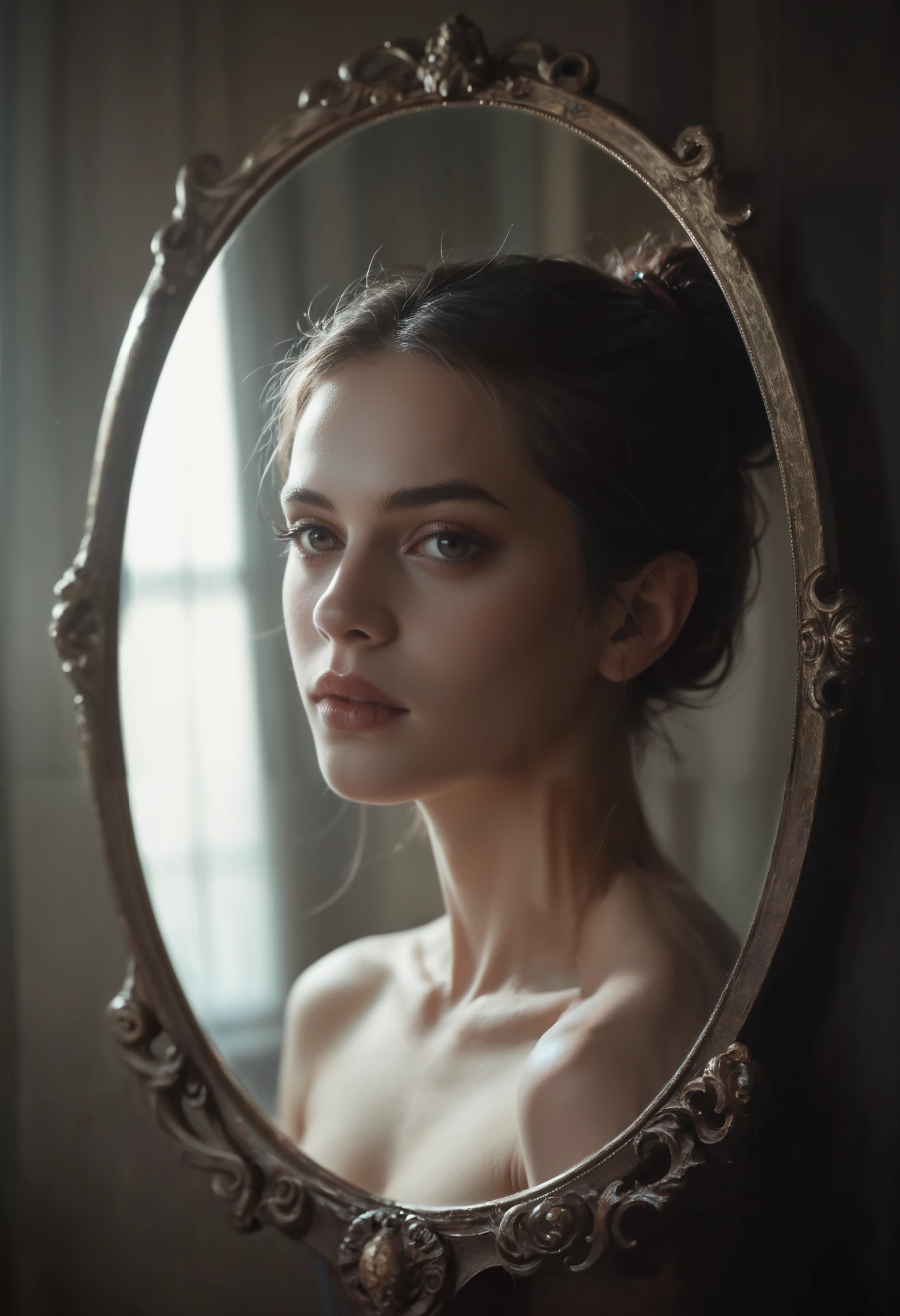 a young beautiful 18-year-old girl looking into a magic mirror, seeing the ugly demonic form reflected, dramatic lighting, highly detailed, photorealistic, 8k, masterpiece, cinematic, chiaroscuro, moody, dark fantasy, dramatic pose