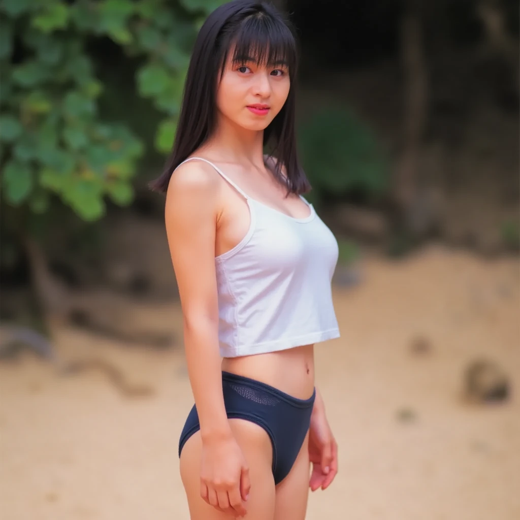 (((nude)))(masterpiece:1.3), (8K、Realistic, RAW Photos, Highest quality:1.4), (alone), 1 Japanese girl, Beautiful Face, 完璧な対称性を持つBeautiful Face, Cute face, nice smile, (Beautiful black hair bob cut), Beautiful dark eyes, Perfect Anatomy, (Skin with attention to detail: 1.2), Natural Breasts, Beautiful thighs, Perfect Anatomy, Braiding, With bangs, Sweaty, Wet, Beautiful river in tropical natural park, Perfect lighting, Focus Only, (Big Ass), Front view,