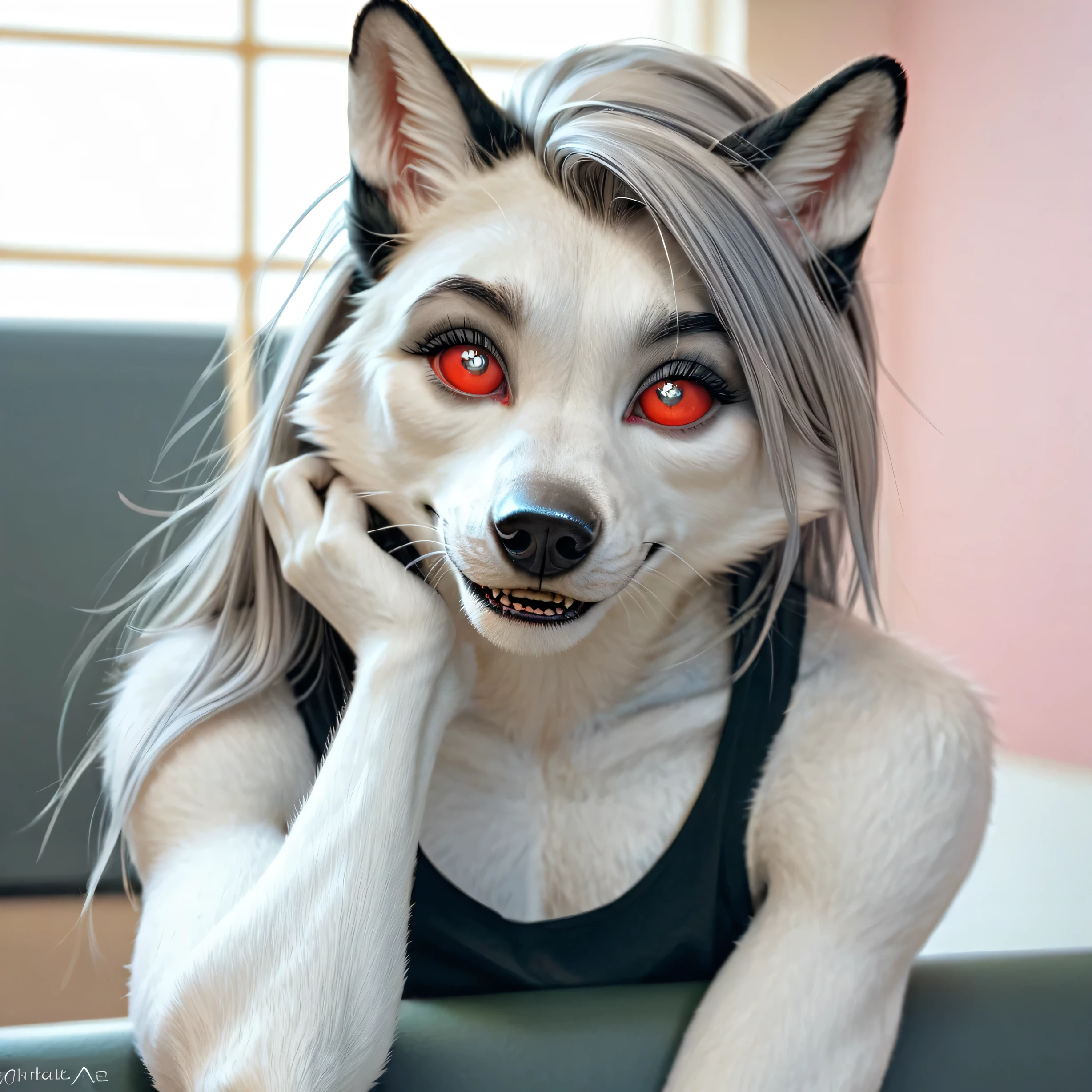 1girl, solo, Furry art, breathtaking furry art, realistic furry, anthro white wolf, female wolf, black makeup, white eyes with red sclera, silver hairs, black ears, sensual, loona, claws,(pixelsketcher pikaflufftulf hioshiru artstyle), slender, 75mm canon shot, ultra realistic, slim anthro,(white pupils), small wolf's chin, cute female anthro,( big eyes), wearing cargo pants and a tank top, playing a pc game on a pc while sitting on a chair, zenematic lighting, full body, day, smiling shyly. Masterpiece, Best Quality, High Details, Anatomically Correct.