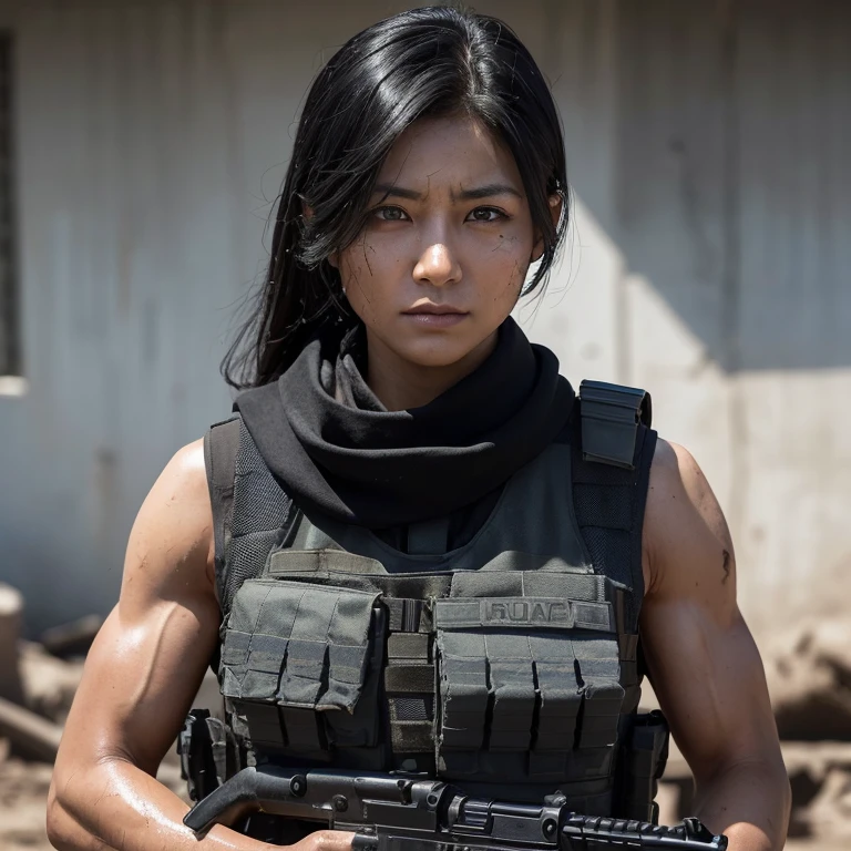 ((Muscular Black Haired Female Soldier )),Age 35、 cracked abs、Strong biceps、(Bulletproof vest),(US military combat uniform ),( Precise Modern Large Rifle),Ravaged Battlefield、Afghan scarf、 rugged expression 、 Her Face and Body Are Dirty with Mud