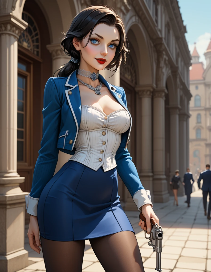 1woman, solo; Elizabeth Comstock from "Bioshock Infinite"; long loose hair gathered in a low ponytail, dark hair, pale skin, blue eyes, red lips, light smile, ultra-detailed face, detailed eyes; ribbed white corset with open top, (tight blue bolero jacket:1.29), silver detailing on jacket, (cameo choker necklace), (long, blue a-line skirt with high slits:1.37), detailing on skirt, (opaque pantyhose), {{calf-high black boots with low heels}}; holding powerful revolver, contrapposto stance, ((modeling poses)), (cowboy shot:1.37); 8k, 16k, high resolution, highres