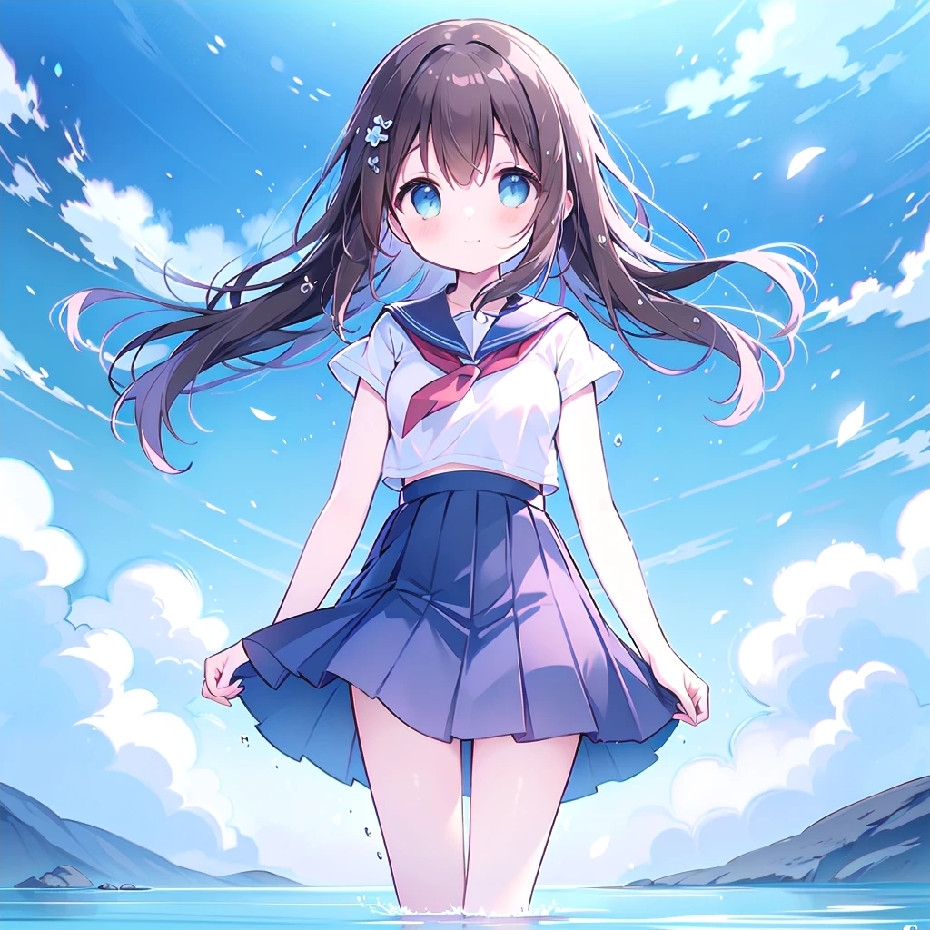 ((( super detailed,  Highly Detailed CG, masterpiece,  High Quality , 4K,  high definition , sharp concentration,Calm sea, anime style illustration))),(Alone:1.3), cute, smiles,(An elementary school-aged girl is standing in shallow water:1.4), white and light blue sailor suit ,( slightly bulging breasts:1.2),A slightly longer skirt,Tempting, Clear Skin,barefoot, long hair,Neat hair,Brown Hair,Light wind , White Clouds ,blue sky, watching viewers , shy 