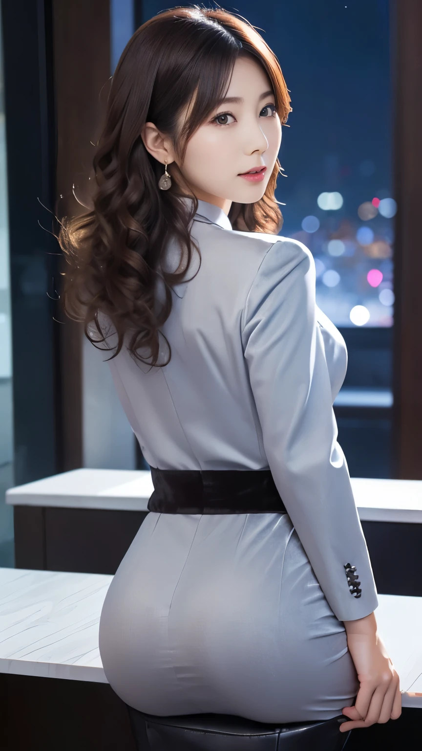 anatomically correct 5 fingers pretty face A Korean woman in a blue top and gray skirt is posing, ((( curly bob hair))) earrings Sensual Body Tight Outfit , Wearing a tight shirt , thin waist and thick waist , ((( taken from behind))) (((velvet white business suit with beautiful night scene background ))) Korean woman Shinyoung sitting on