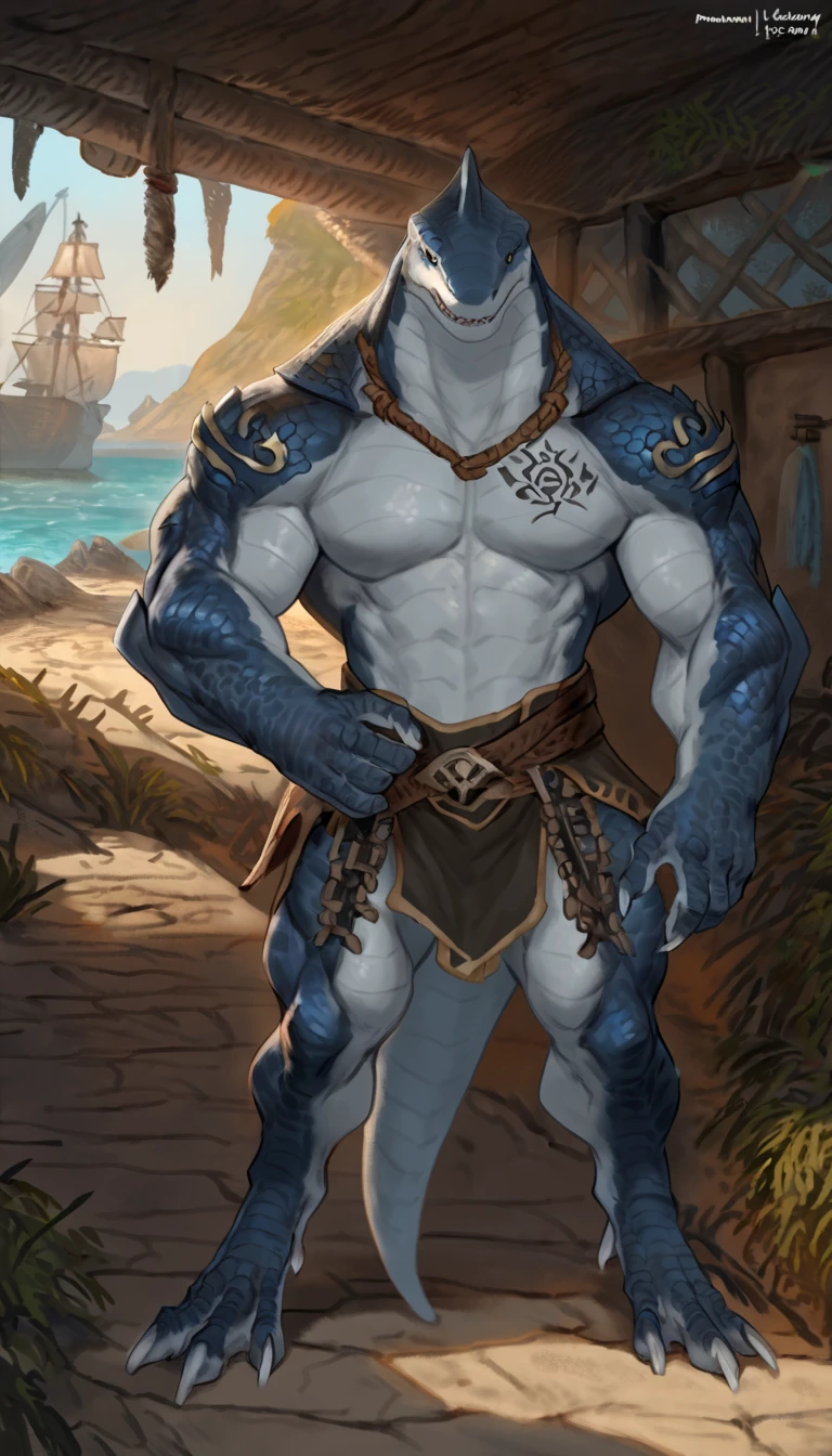 sharkman, gray belly, black and blue hands and fins, black back, wearing adventurer clothers, solo, big arms, koholasaurus from genshin impact, bara, lizard shark hybrid, anthro, closed mouth, naked, detailed scales, muscular, thick scales on arms and legs, proporcional body, wide chest, wide neck, marked jaw, thick shark tail, best quality, 4k, ultra-detailed, by Buta99, by Zackary911, by laobai, by taran fiddler, by honovy, detailed illustration of 4K horror, pirate port scenery, pirate tattoos on arms,