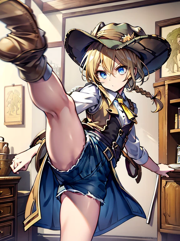   Masterpiece ,  top quality,  very detailed, 16k,  super high resolution,  Cowboy Shots,  One Girl,  detailed face , Perfect means,  blue eyes,  blonde alone,  braided ,  Vest with Lots of Pockets ,  shorts,  Safari Hat, map,   Cluttered Room with Lots of Small Items, high kick, spread legs, leg up, fighting stance