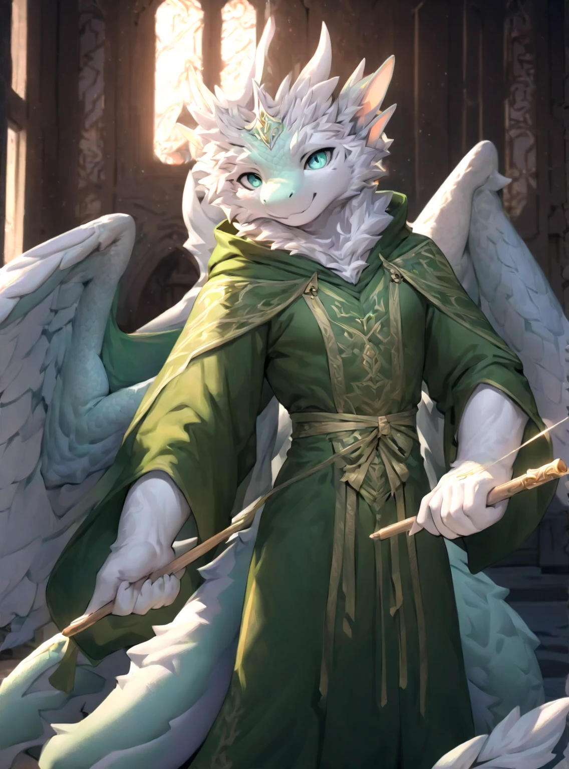 ((masterpiece)), (ultra detailed), (best quality), detailed background, (style of Fantasy), absurdres(highly detailed beautiful face and eyes)perfect anatomy(angelic handsome human-like male furry dragon, muscular body)(furry anthro), fantasy green robe, with short magic wand