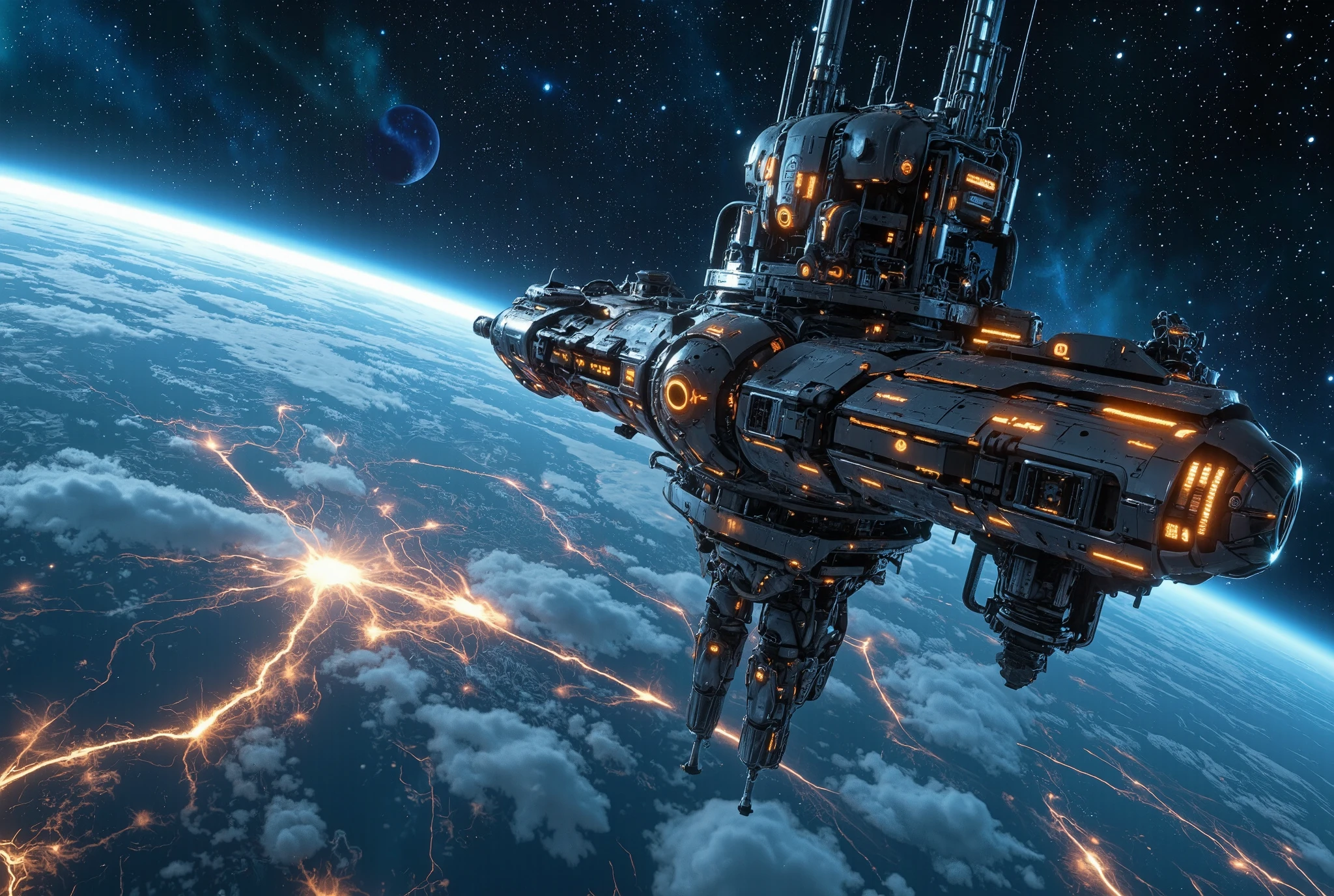 a futuristic neon-lit space station, expansive cosmic landscape, glowing stars, intricate details of the space station, cinematic lighting, mecha, science fiction, concept art, 8k, ultra-detailed, photorealistic, dramatic lighting, dramatic composition, realistic materials, volumetric lighting, depth of field, highly detailed, intricate machinery, glowing interface panels, sleek modern architecture, vibrant neon colors, dynamic camera angle