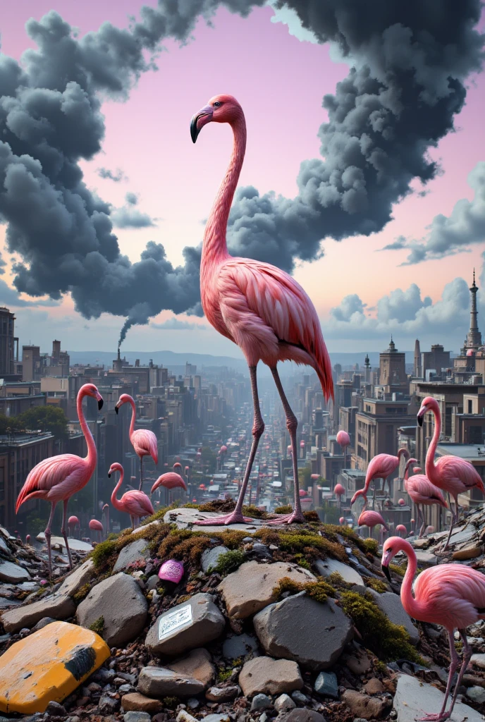 A Flamingo is standing on a pile of garbage,  official artwork,  promotional art , nihilism, album,A nostalgic and melancholic piece, Thundercloud, multi-view,  Widescreen, look up, look up, 開いた傘,スーツの男