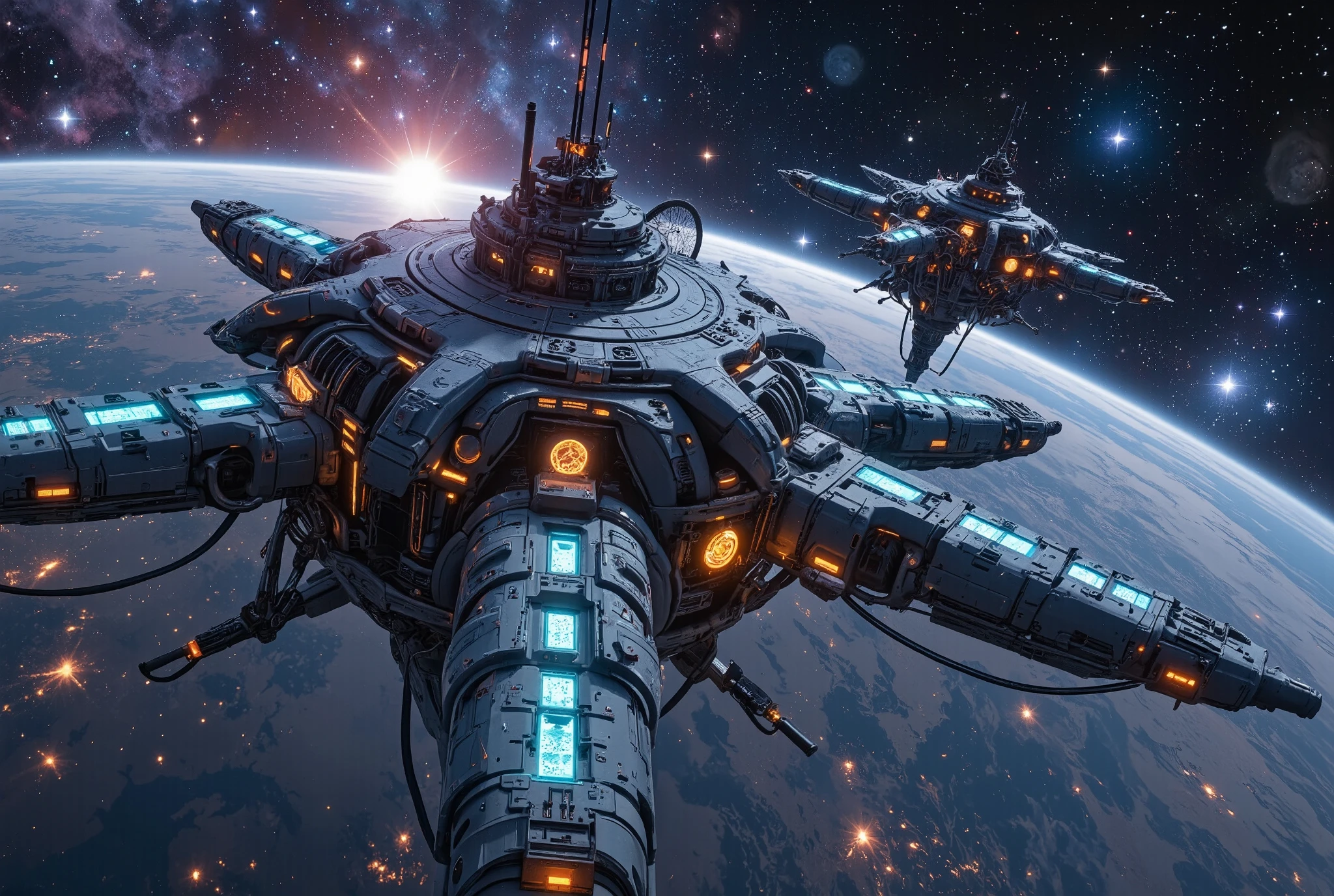 a futuristic neon-lit space station, expansive cosmic landscape, glowing stars, intricate details of the space station, cinematic lighting, mecha, science fiction, concept art, 8k, ultra-detailed, photorealistic, dramatic lighting, dramatic composition, realistic materials, volumetric lighting, depth of field, highly detailed, intricate machinery, glowing interface panels, sleek modern architecture, vibrant neon colors, dynamic camera angle