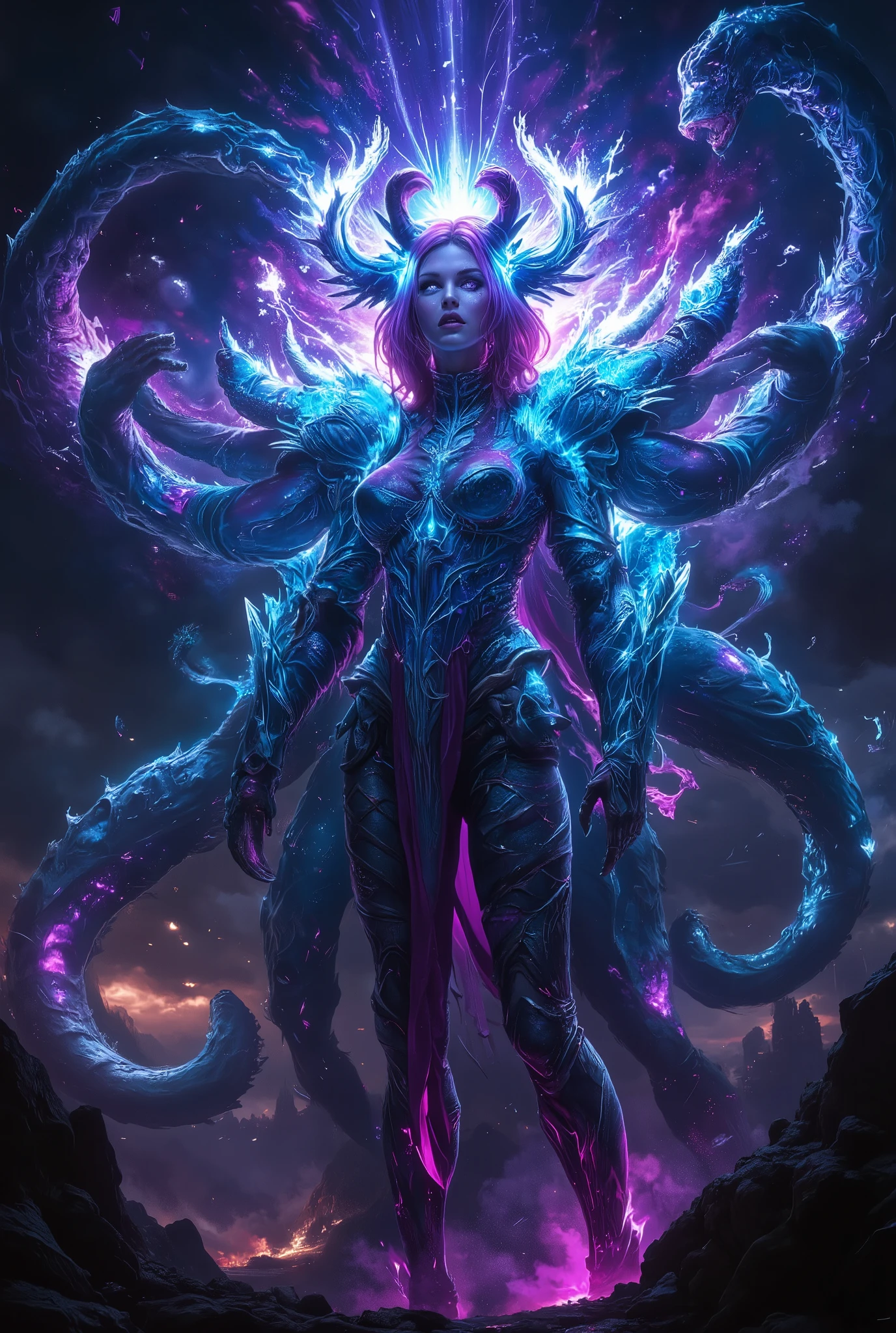 score_9, score_8_up, score_7_up, score_6_up, score_5_up, score_4_up, (best quality,4K,8k,highres,masterpiece:1.2), (super realistic photo:1.6), A neon-colored, mutant Grimm knight, stunning female, (Cthulhu Bishop:1.2), highly detailed, ultra-realistic, 8K, cinematic lighting, dramatic shadows, vibrant colors, glowing energy, intricate armor, twisted and distorted features, eldritch horror, dark fantasy, photorealistic