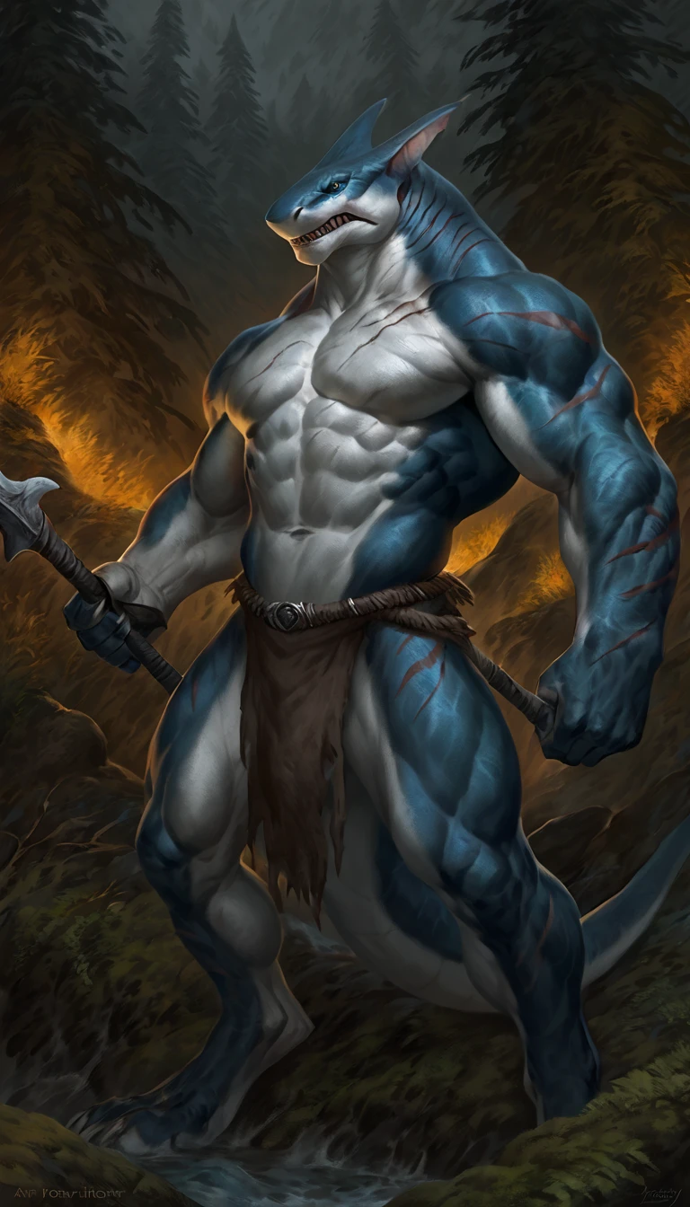 Muscular anthro shark, solo, fighter, scars on body, 1male solo, small waist, thick shark tail, marked detailed jaws, pants, loincloth, full body, comicbook style, best quality, 4k, ultra-detailed, by laobai, by taran fiddler, by honovy, by null-ghost, forest scenery, night, darkness