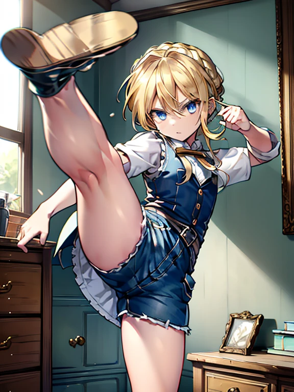   Masterpiece ,  top quality,  very detailed, 16k,  super high resolution,  Cowboy Shots,  One Girl,  detailed face , Perfect means,  blue eyes,  blonde alone,  braided ,  Vest with Lots of Pockets ,  shorts,   Cluttered Room with Lots of Small Items, high kick, spread legs, leg up, fighting stance