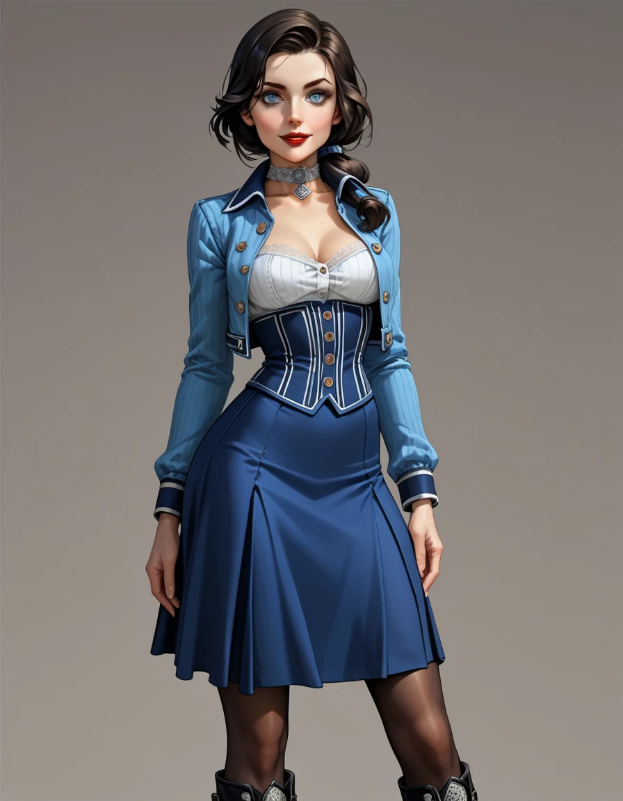 1woman, solo; Elizabeth Comstock from "Bioshock Infinite"; long loose hair gathered in a low ponytail, dark hair, pale skin, blue eyes, red lips, light smile, ultra-detailed face, detailed eyes; unbuttoned ribbed white corset, (tight blue bolero jacket:1.29), silver detailing on jacket, (cameo choker necklace), (long, blue a-line skirt with high slits:1.37), detailing on skirt, (opaque pantyhose), {{calf-high black boots with low heels}}; contrapposto stance, ((modeling poses)), (cowboy shot:1.37); 8k, 16k, high resolution, highres