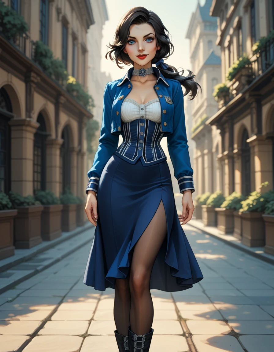 1woman, solo; Elizabeth Comstock from "Bioshock Infinite"; long loose hair gathered in a low ponytail, dark hair, pale skin, blue eyes, red lips, light smile, ultra-detailed face, detailed eyes; unbuttoned ribbed white corset, (tight blue bolero jacket:1.29), silver detailing on jacket, (cameo choker necklace), (long, blue a-line skirt with high slits:1.37), detailing on skirt, (opaque pantyhose), {{calf-high black boots with low heels}}; contrapposto stance, ((modeling poses)), (cowboy shot:1.37); 8k, 16k, high resolution, highres