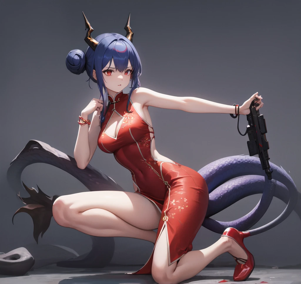 1girl, solo, hair_bun, ch'en_(arknights), china_dress, breasts, dress, shoes_removed, chinese_clothes, kneeling, red_dress, tail, horns, official_alternate_costume, bead_bracelet, beads, dragon_horns, holding_shoes, black_shorts, looking_at_viewer, jewelry, parted_lips, bracelet, cleavage, simple_background, double_bun, clothing_cutout, barefoot, cleavage_cutout, shorts, red_eyes, sleeveless, dragon_tail, bare_shoulders, holding, medium_breasts, shoes, sleeveless_dress, sidelocks, holster, hand_up, hair_over_one_eye, bare_arms, thigh_holster, thighs, full_body, white_background, bangs, blue_hair, high_heels, red_footwear, grey_background, bare_legs, thigh_strap, pelvic_curtain, short_shorts, long_hair, side_slitThe image shows a girl with horns and a tail, which gives her a fantastic or demonic appearance. She has long dark hair that is gathered in a hairstyle. The girl is wearing a tight-fitting red dress with a slit at the hip and a floral pattern. A gun holster is attached to his right leg. She is on one knee, holding one of the varnishes in her hand. There is a calm expression on her face.