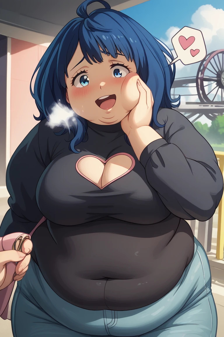 yanamianna, medium hair, ahoge,blue hair,blue eyes, large breasts, tight shirt, black shirt, heart cutout cleavage, hoodie coat, long sleeves, tight pants, denim pants, open mouth, blush, smile, outdoor, amusement park, Ferris wheel, from front, solo, alone, masterpiece, best quality, ultra-detailed, high resoolution, 8K, detailed background, dynamic moving, detailed face, anime, ,fat, chubby, obese, open mouth, out of breath, absurdres, highres icon, rating:General, confused, blush, spoken question mark, {flustered}, nervous sweating, portrait, pov hands, hand on another's cheek, averting eyes, [looking away], straight-on, , swollen face, upper body, 