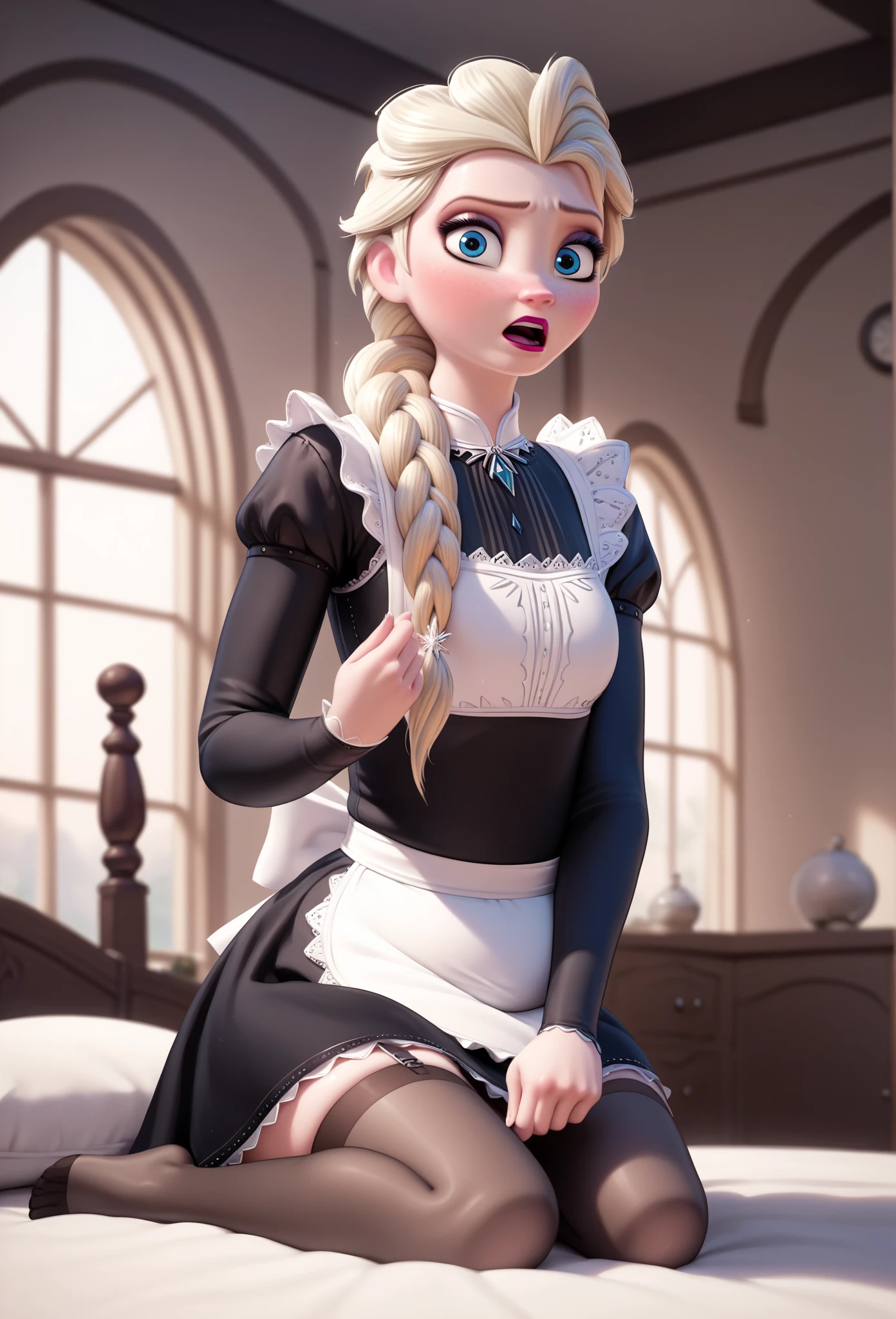 score_9, score_8_up, score_7_up, score_6_up, score_5_up, score_4_up, BREAK, source_anime,
1girl, elsa \(frozen\), gained some weight, chubby belly, blonde hair, long hair, blue eyes, single braid,
black dress, stockings, maid uniform,
embarassed, blush, solo, looking at viewer, indoors, bedroom background 