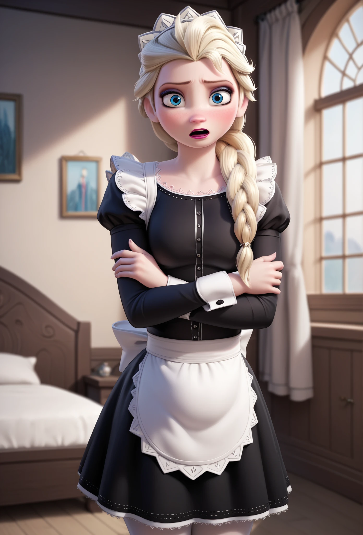 score_9, score_8_up, score_7_up, score_6_up, score_5_up, score_4_up, BREAK, source_anime,
1girl, elsa \(frozen\), gained some weight, chubby belly, blonde hair, long hair, blue eyes, single braid,
black dress, stockings, maid uniform,
embarassed, blush, solo, looking at viewer, indoors, bedroom background 