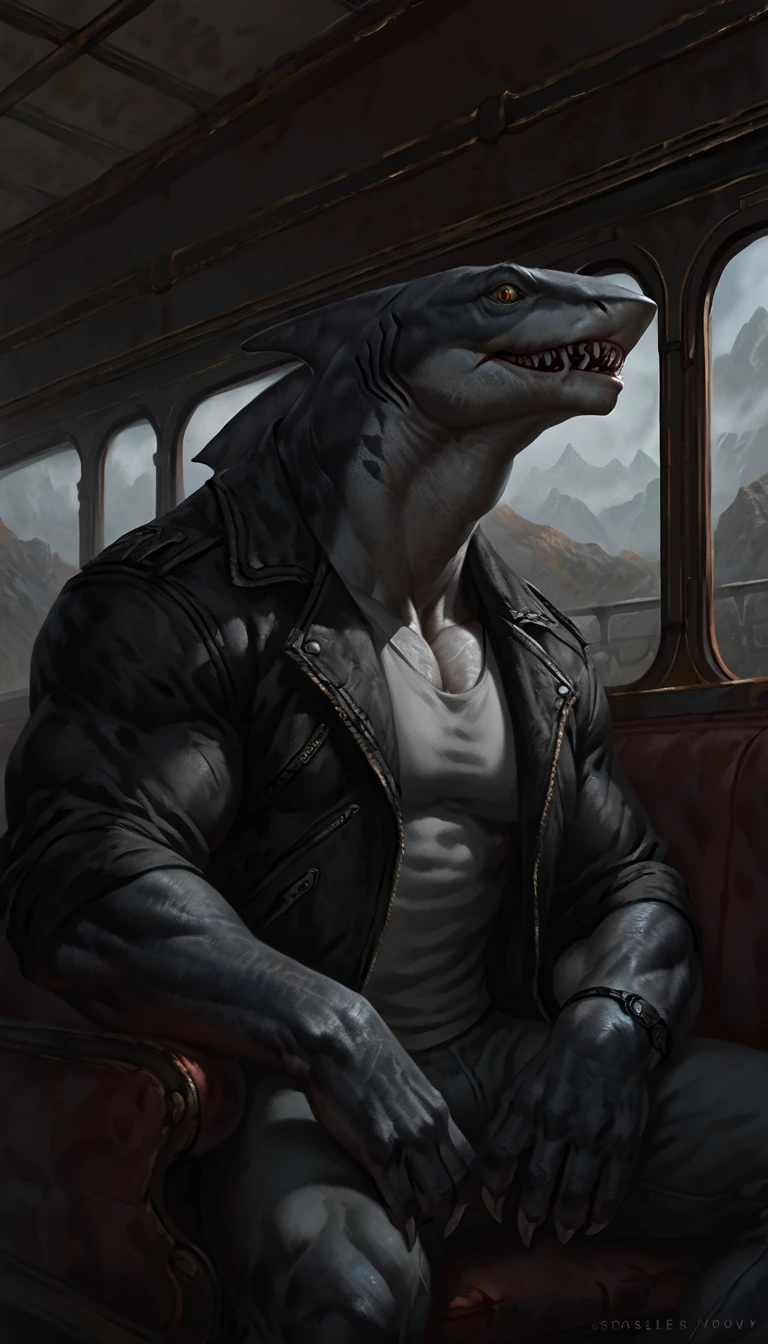 sharkfolk, anthro shark, solo, portrait, scaly, wearing jacket with black shirt, detailed gray skin, experienced predator, monstrous, shark snout, fins, yellow red heterochromia eyes, dark detailed body, matte body, toned, muscular anthro, bara, big muscles, masculine, 1male solo, anthro, muscular, thick neck, thick shark tail, marked jaw, train carriage scenery, sitting on a coach, horror, best quality, 4k, ultra-detailed, by laobai, by taran fiddler, by honovy