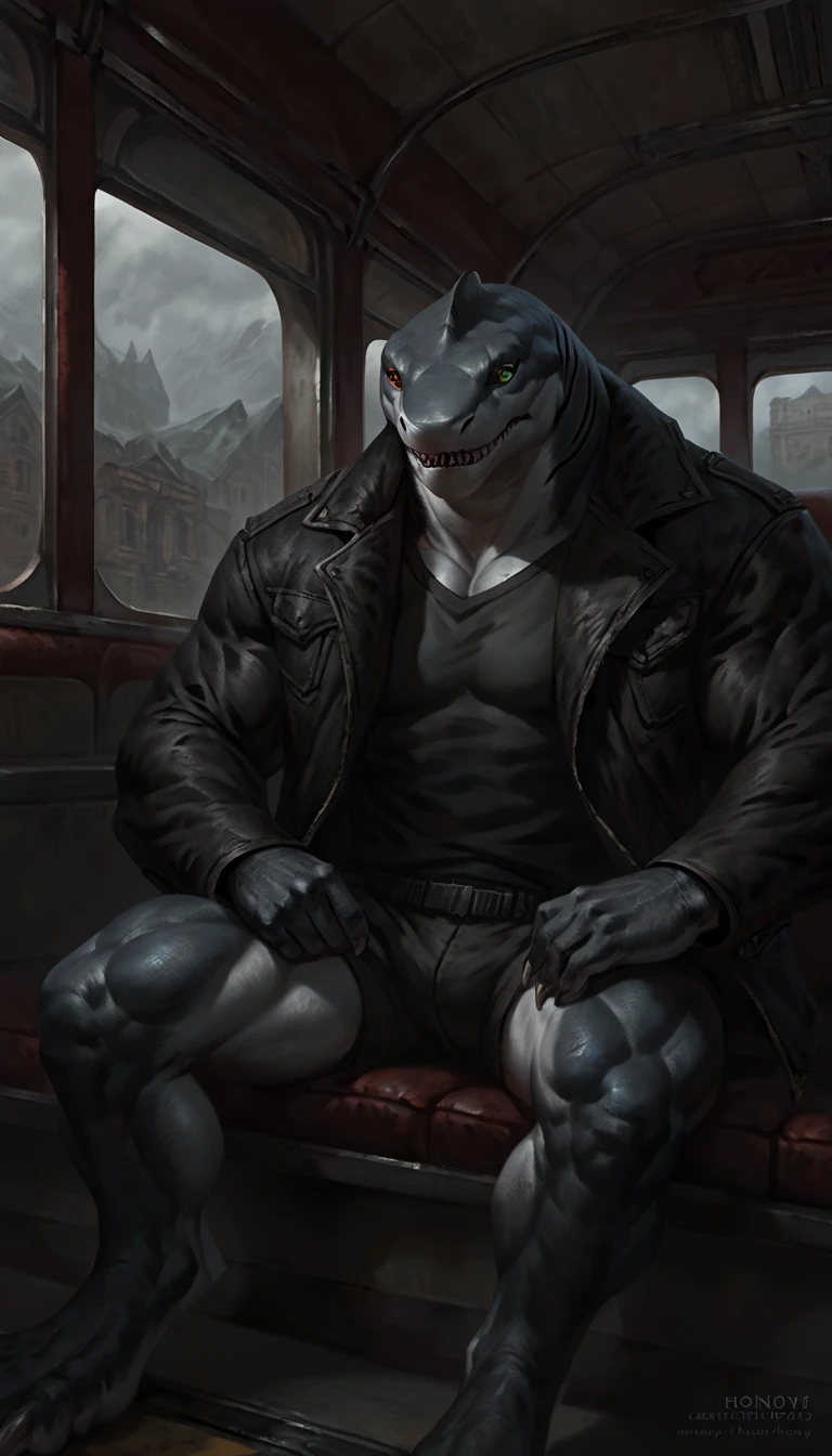 sharkfolk, anthro shark, solo, portrait, scaly, wearing jacket with black shirt, detailed gray skin, experienced predator, monstrous, shark snout, fins, yellow red heterochromia eyes, dark detailed body, matte body, toned, muscular anthro, bara, big muscles, masculine, 1male solo, anthro, muscular, thick neck, thick shark tail, marked jaw, train carriage scenery, sitting on a coach, horror, best quality, 4k, ultra-detailed, by laobai, by taran fiddler, by honovy