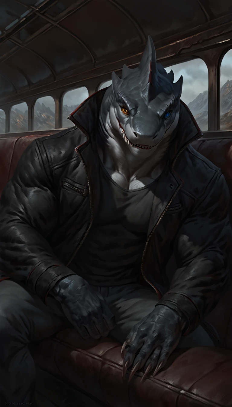 sharkfolk, anthro shark, solo, portrait, scaly, wearing jacket with black shirt, detailed gray skin, experienced predator, monstrous, shark snout, fins, yellow red heterochromia eyes, dark detailed body, matte body, toned, muscular anthro, bara, big muscles, masculine, 1male solo, anthro, muscular, thick neck, thick shark tail, marked jaw, train carriage scenery, sitting on a coach, horror, best quality, 4k, ultra-detailed, by laobai, by taran fiddler, by honovy