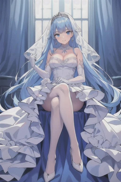 A fragile woman of a certain age with an aura of sadness、She is holding a bouquet of blue roses wrapped in white in front of her chest.、I am so emotional I am crying、Round, droopy blue eyes、Fine wavy long white hair、Medium breasts and curvy legs、White Wedding Dress、Wearing glass heels、Standing pose