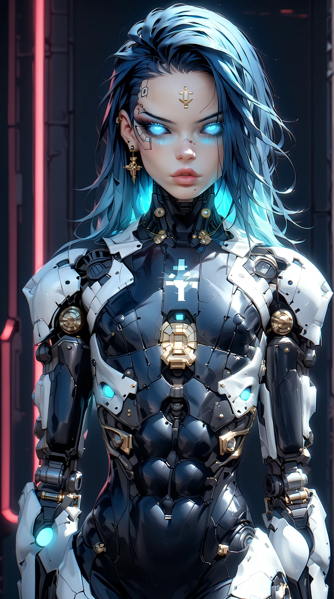 (nsfw:1), (Uncensored:1), score_9, score_8_up, score_7_up, (three quarters shot), (1 girl), (asian), beautiful teenage (skinny) muscular necron cyborg girl, (full cybernetic necron bodysuit:1.5), (black sclera:1.5), (blue glowing eyes:1.5), (blue glowing veins:1.5), (flat chest:1.25), (blue glowing hair:1.25), (beautiful face:1.25), (bodybuilder muscular physique:1.25), (skinny long legs:0.75), (intricate gold filigree:1.25), bimbo lips, blue fire, (cyborg arms:1.25), (cyborg legs:1.25), (cyborg torso:1.25), neon lights, gothic neon style, cyber punk style, super realistic image, beautiful digital paint , hyper Realistic illustrations, NecronMorph, CyberRealistic_Negative_PONY-neg,CyberRealistic_Negative_PONY