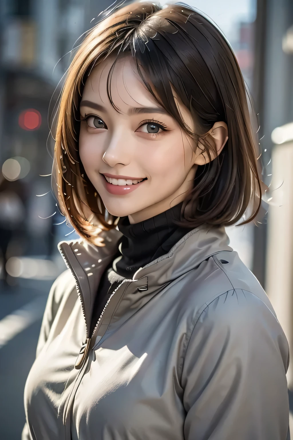 (8k,  RAW photos ,  top quality, masterpiece,  realistic ,  Photorealistic), ( 1 Woman ), (Ultimate beauty), Middle age,  Highly Detailed Faces,  detailed eyes on board,  double eyelids ,  eyelash , smile, (Perfect Teeth),  detailed lips from home, Blonde Bob, Big Breasts, ( long turtleneck sweater ), (( brown miniskirt)), ((Wearing a blue down coat)),  Cowboy Shots, Koen-dori in Tokyo, Soft light, (( written boundary surrounding multiple girls)) 