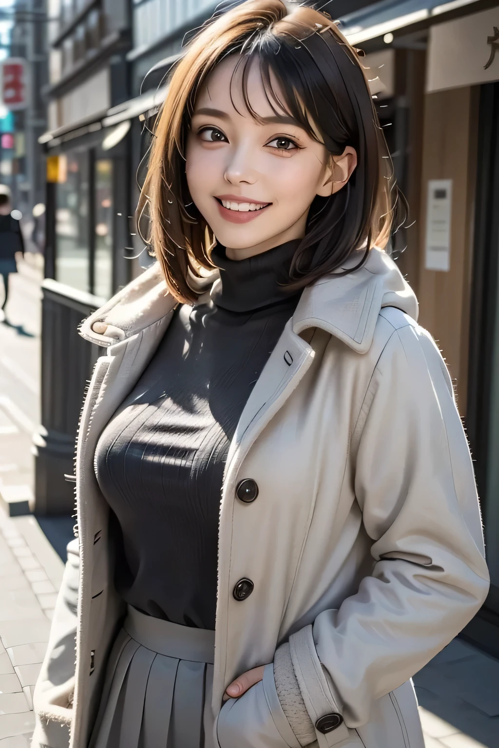 (8k,  RAW photos ,  top quality, masterpiece,  realistic ,  Photorealistic), ( 1 Woman ), (Ultimate beauty), Middle age,  Highly Detailed Faces,  detailed eyes on board,  double eyelids ,  eyelash , smile, (Perfect Teeth),  detailed lips from home, Blonde Bob, Big Breasts, ( long turtleneck sweater ), (( brown miniskirt)), ((Wearing a blue down coat)),  Cowboy Shots, Koen-dori in Tokyo, Soft light, (( written boundary surrounding multiple girls)) 