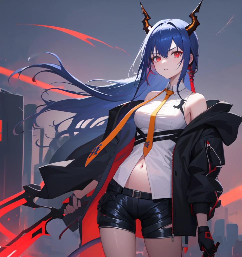 1girl, ch'en_(arknights), red_eyes, horns, navel, blue_hair, shorts, solo, necktie, looking_at_viewer, shirt, dragon_horns, white_shirt, breasts, long_hair, jacket, gloves, sword, weapon, bare_shoulders, sleeveless, cowboy_shot, off_shoulder, short_shorts, sleeveless_shirt, midriff, black_gloves, holding, yellow_necktie, bangs, black_shorts, holding_weapon, holding_sword, tail, black_jacket, open_clothes, stomach, dragon_tail, groin, sidelocksThe image shows an anime girl with long blue hair and bright red eyes. She has small black horns on her head. She is wearing a white top and dark shorts, with a yellow tie-like ribbon tied over her shoulder. Her right hand holds a black jacket that hangs loosely over one shoulder. Abstract shapes and lines are visible in the background, creating an atmosphere of dynamics and movement.